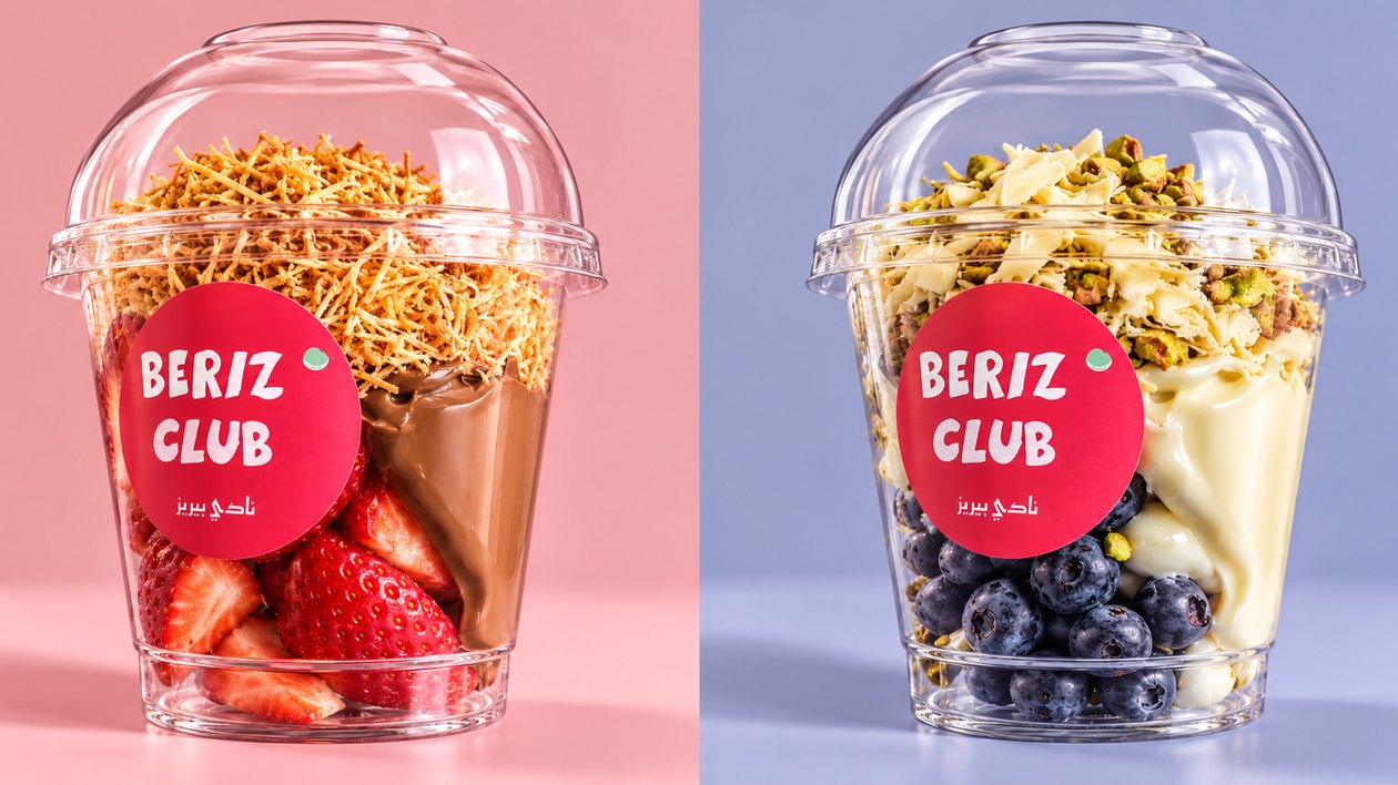 Beriz Club strawberry cup with milk chocolate and kunafa, and blueberry cup with white chocolate and pistachio