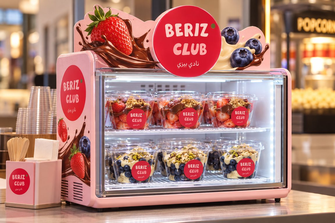 Beriz Club branded display fridge stocked with strawberry and blueberry cups