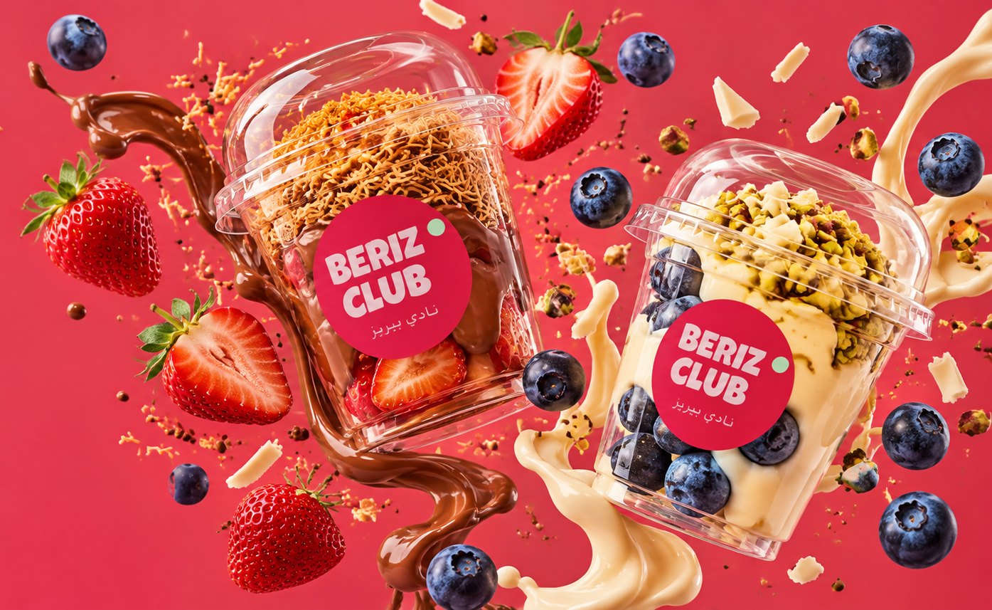 Beriz Club strawberry and blueberry cups with chocolate, kunafa and pistachio
