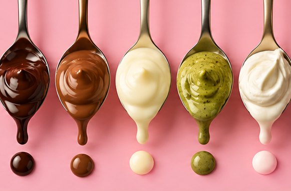 Spoons of dark, milk and white chocolate, pistachio and mascarpone sauce