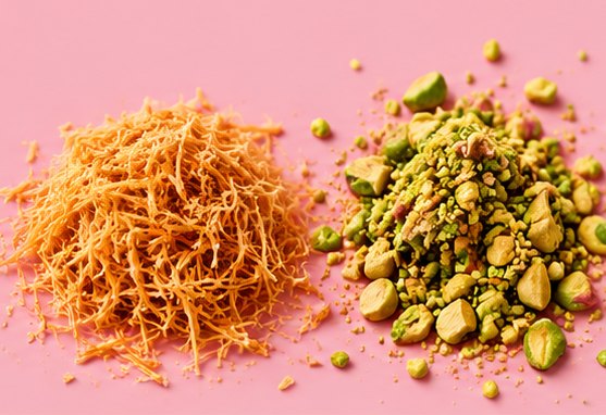 Kunafa and crushed pistachio toppings